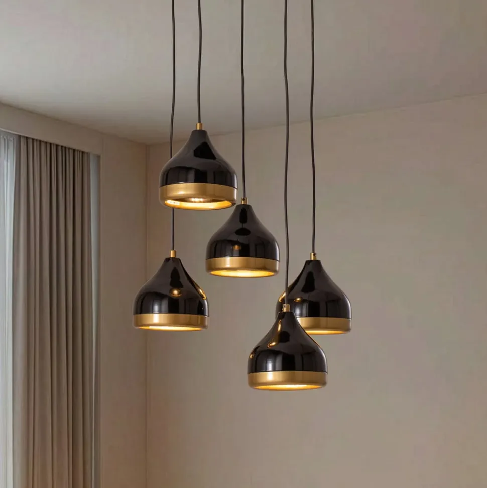 Hængelampe Yildo, 5 lyskilder, rund, sort/guld, Ø43 cm
