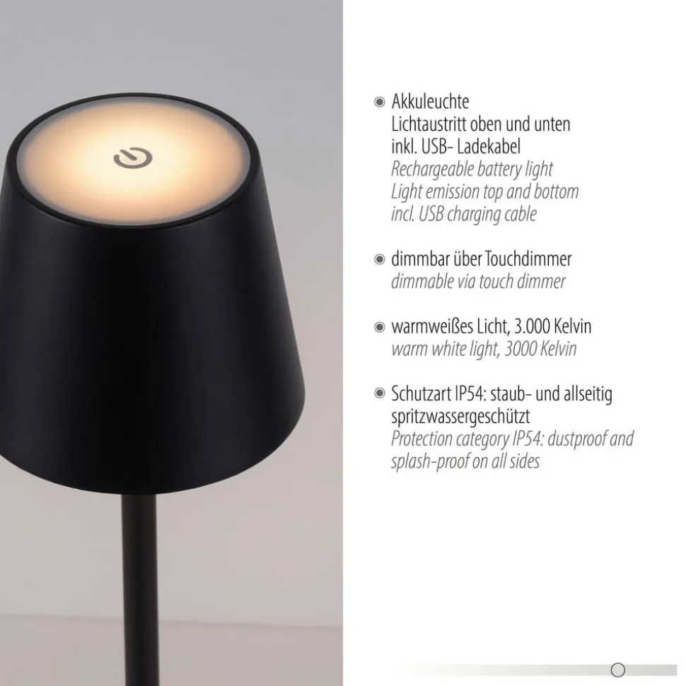 JUST LIGHT. Euria LED-bordlampe, sort, jern IP54