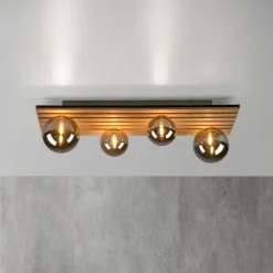 JUST LIGHT. Grøn Stika loftlampe, lang, 4 lyskilder, træ