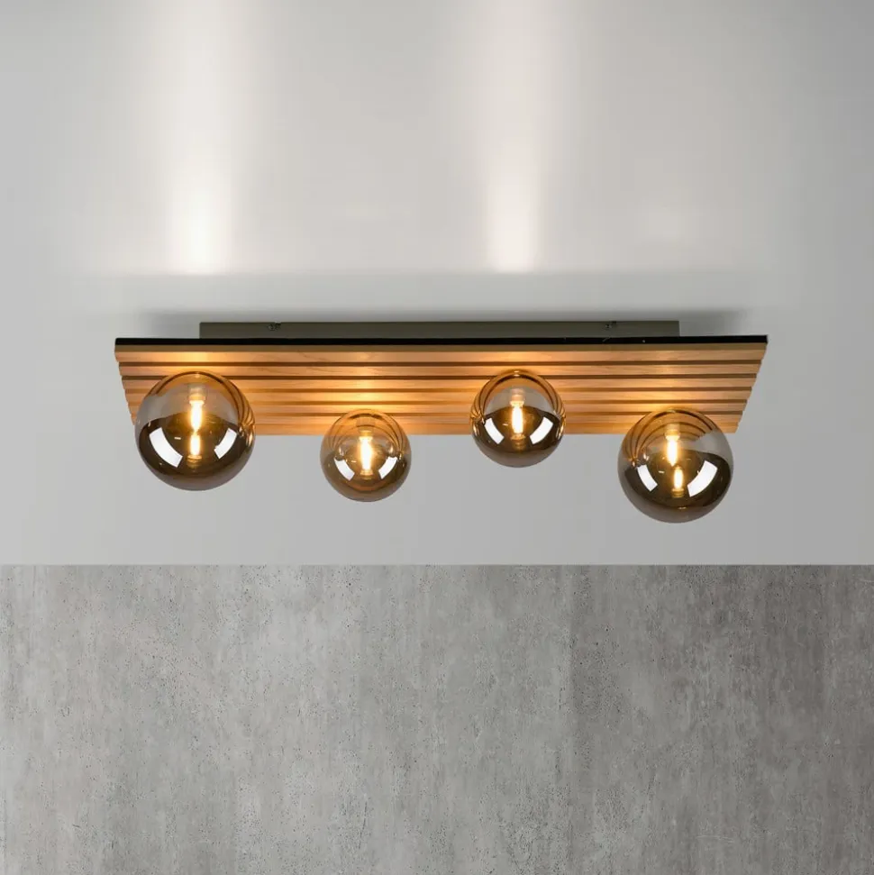 JUST LIGHT. Grøn Stika loftlampe, lang, 4 lyskilder, træ