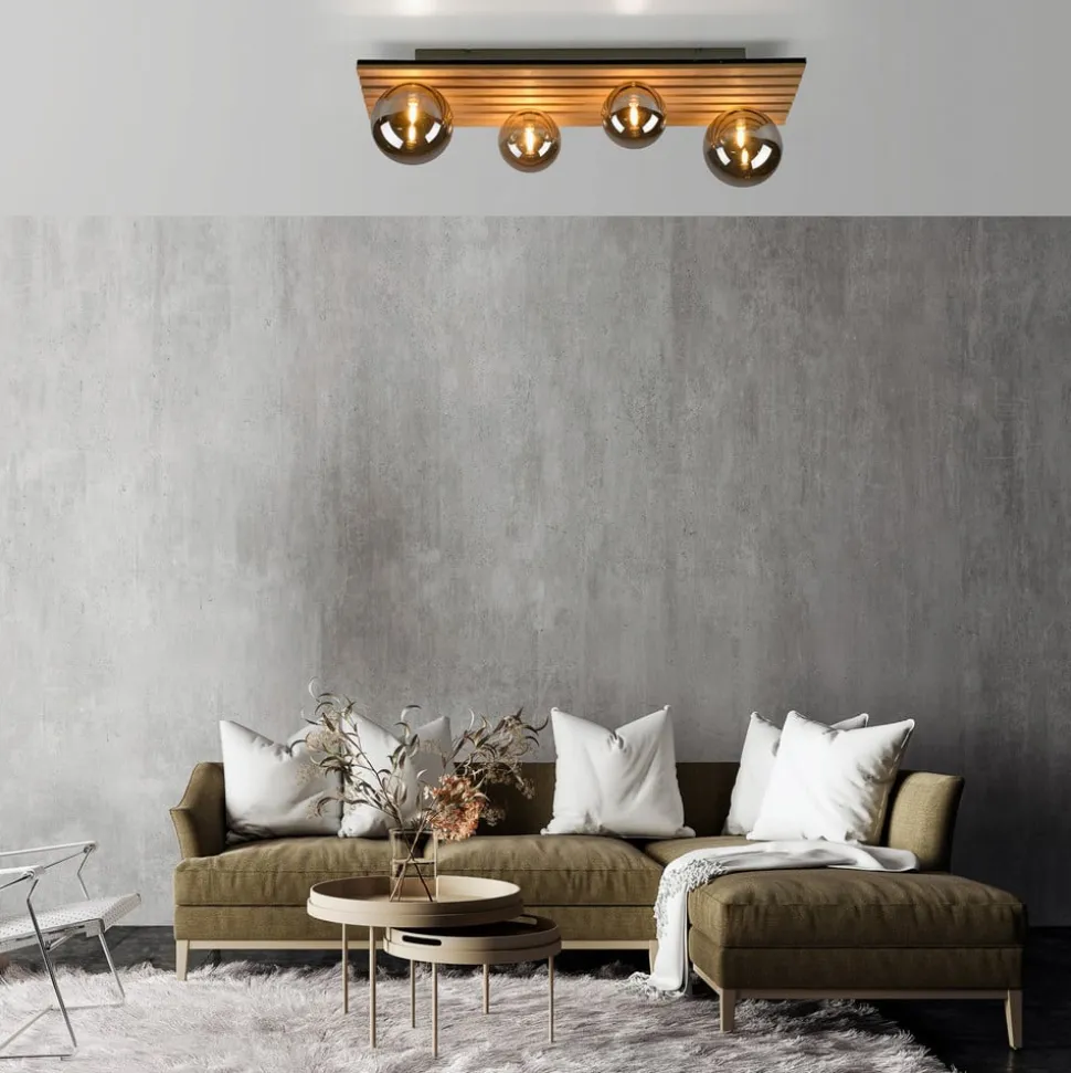 JUST LIGHT. Grøn Stika loftlampe, lang, 4 lyskilder, træ