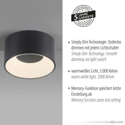 JUST LIGHT. LED-loftslampe Tanika sort, Ø16 cm, dæmpbar