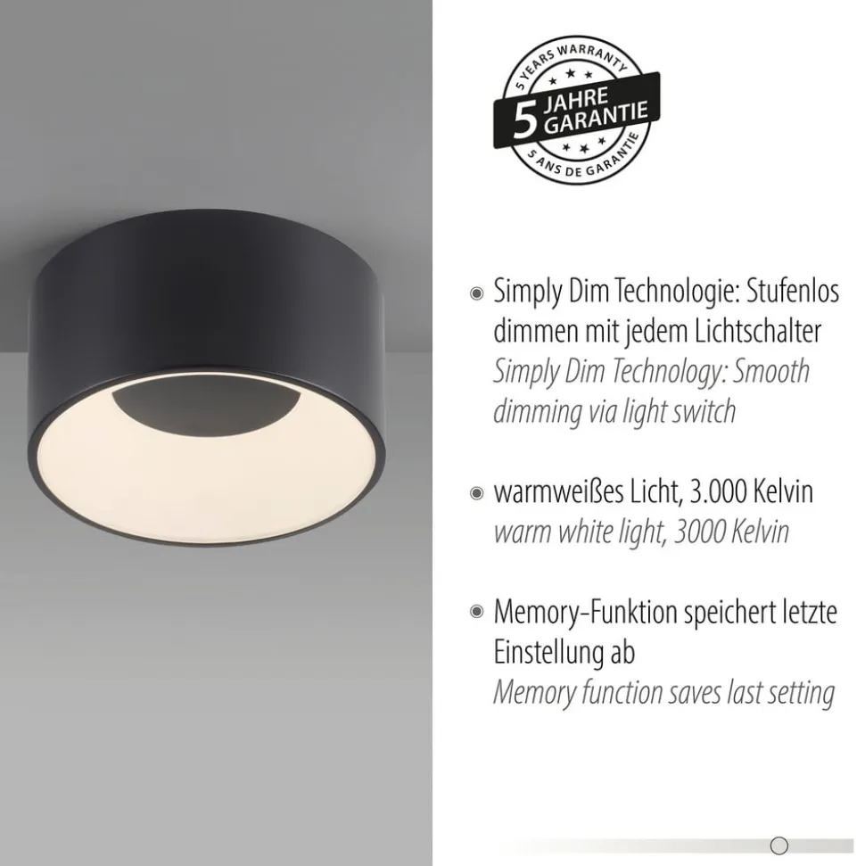 JUST LIGHT. LED-loftslampe Tanika sort, Ø16 cm, dæmpbar