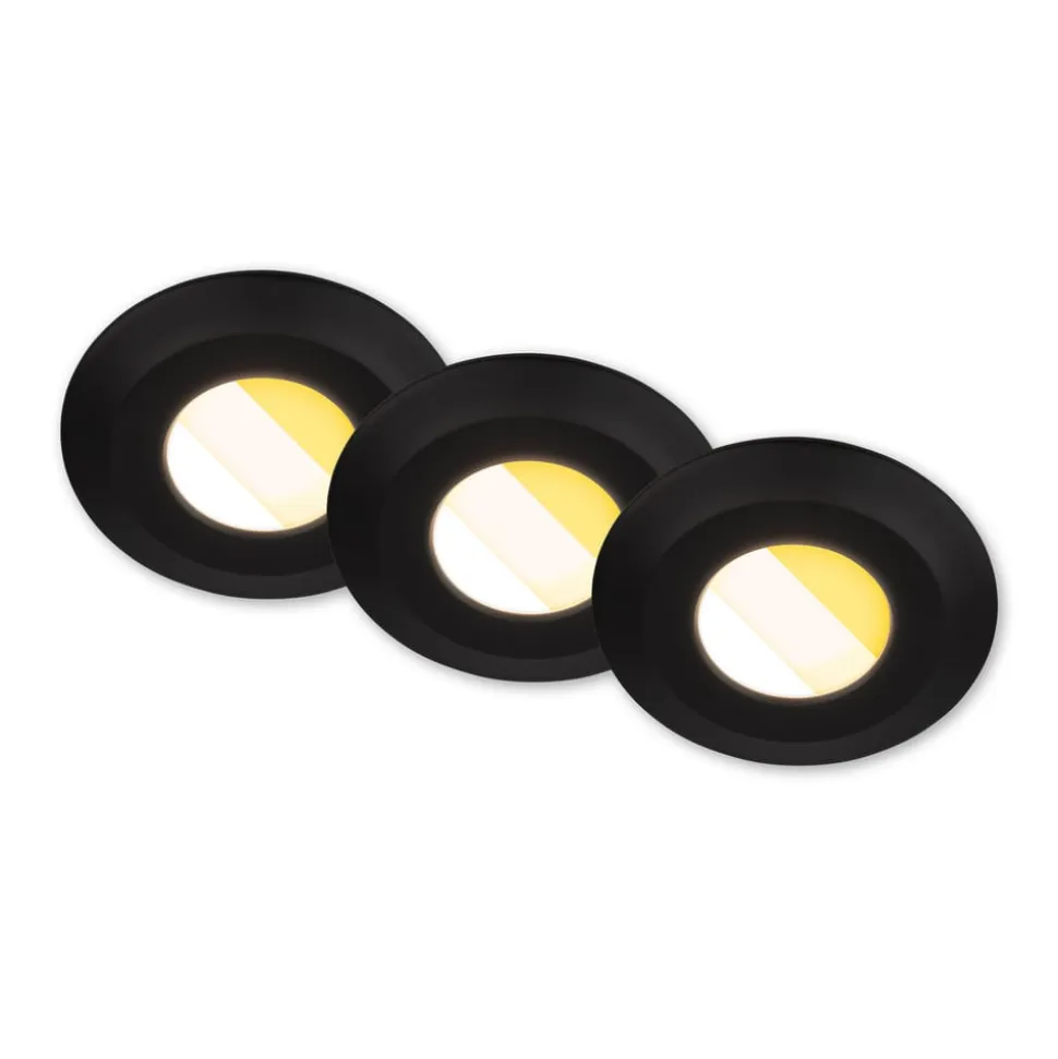 Klira indbygningslampe, sort, Ø 9cm, IP44, dæmpbar, 3 stk