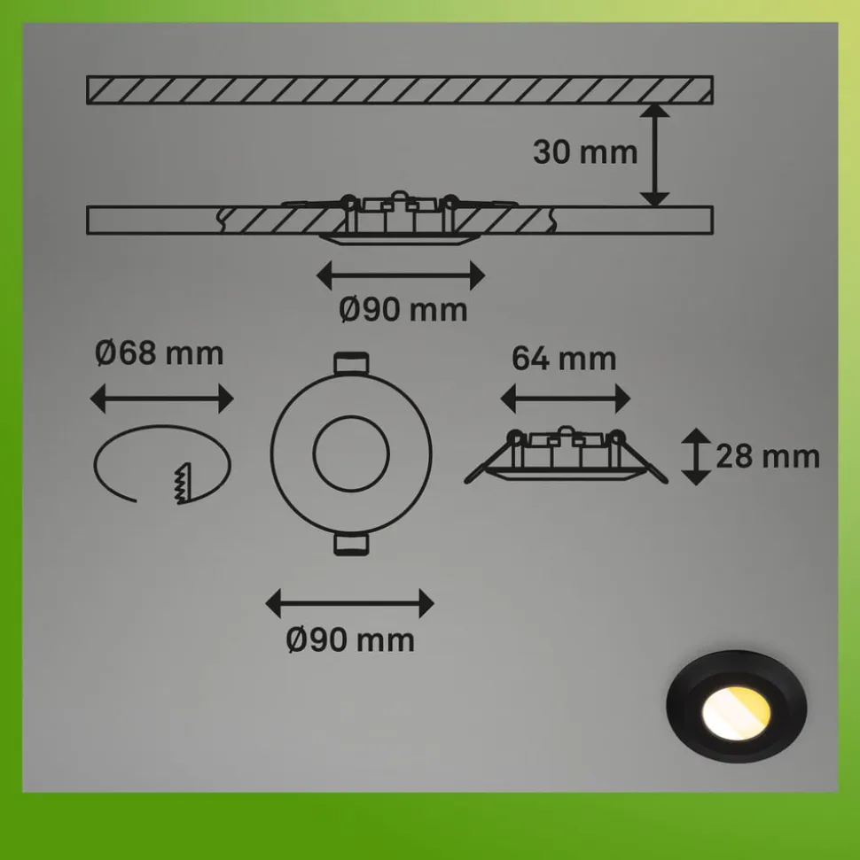Klira indbygningslampe, sort, Ø 9cm, IP44, dæmpbar, 3 stk