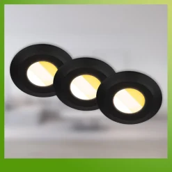 Klira indbygningslampe, sort, Ø 9cm, IP44, dæmpbar, 3 stk