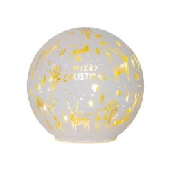 Kugleformet LED-lampe Merry X-Mas Ø 15cm hvidt glas batteridrevet