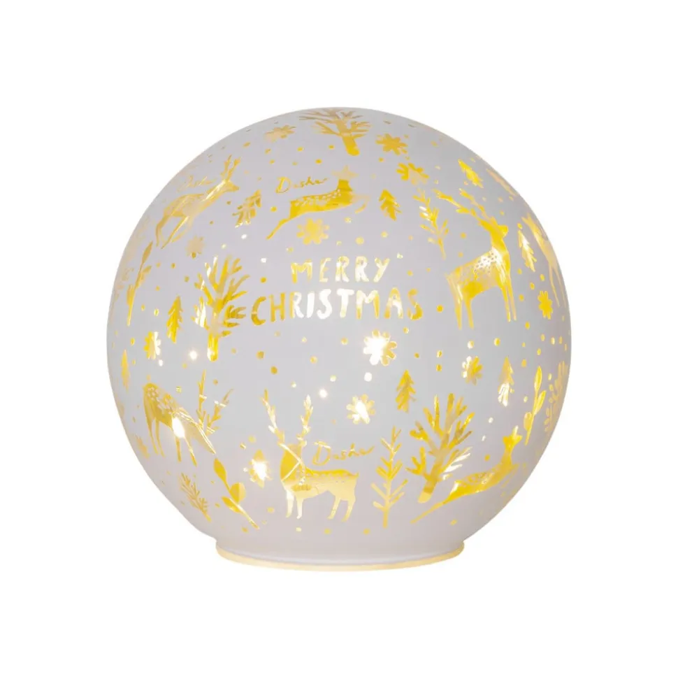 Kugleformet LED-lampe Merry X-Mas Ø 15cm hvidt glas batteridrevet