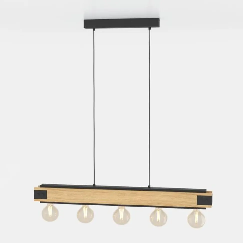 Layham hængelampe, sort/lyst træ, længde 96 cm, 5 lyskilder.