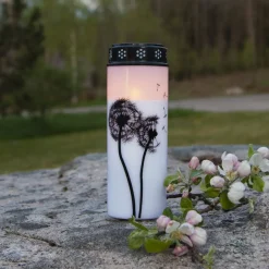 LED gravlys Mælkebøtte, 21 cm hvid/sort plast batteri