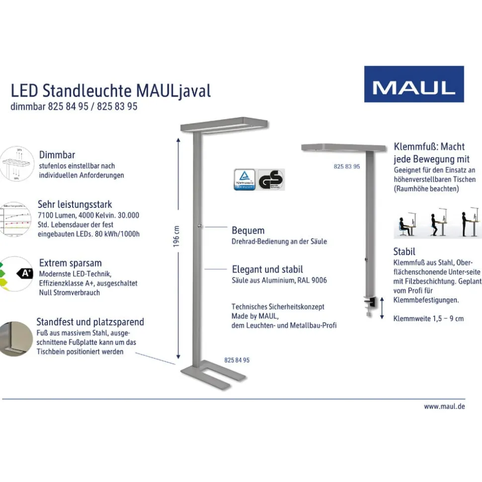 LED-bordlampe MAULjaval, sølv, 120 cm, dæmpbar, klemmefod