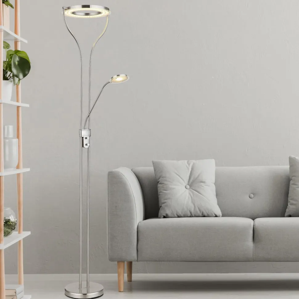 LED-gulvlampe Ebro, højde 194 cm, nikkelfarvet, 2-lys.