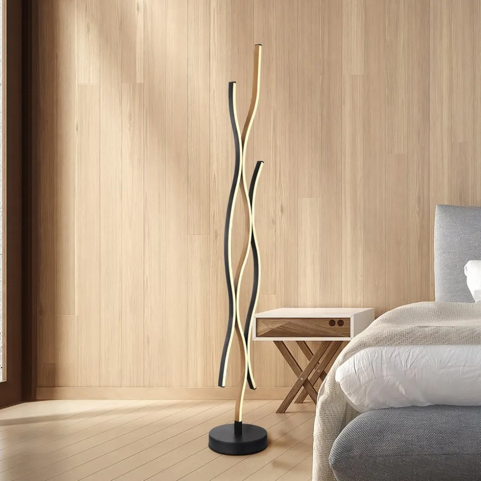 LED-gulvlampe Geronimo, højde 135 cm, sort/trælook