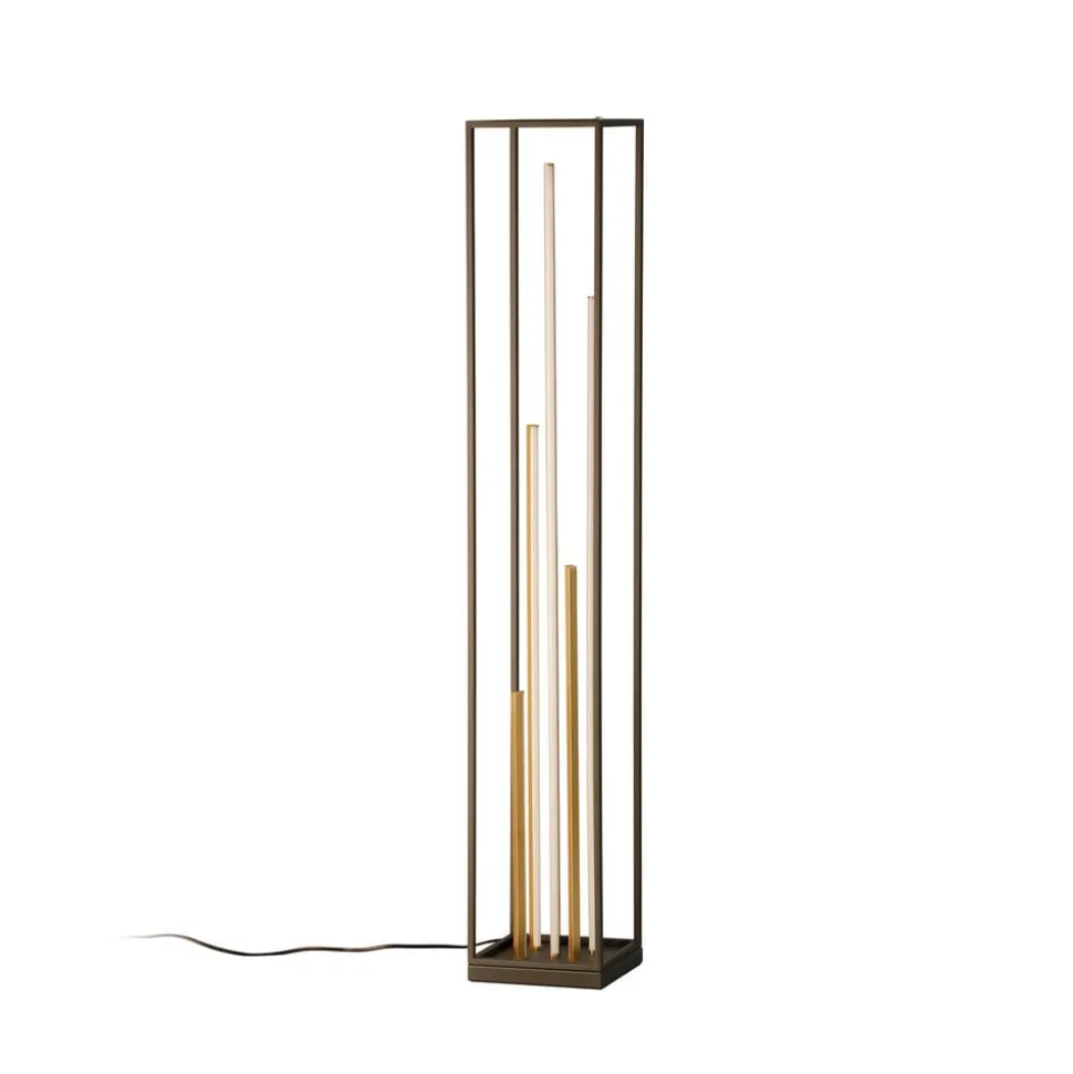 LED-gulvlampe Grid, sort/guld, metal, CCT, dæmpbar