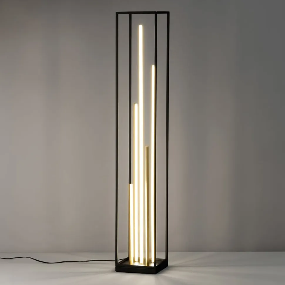 LED-gulvlampe Grid, sort/guld, metal, CCT, dæmpbar
