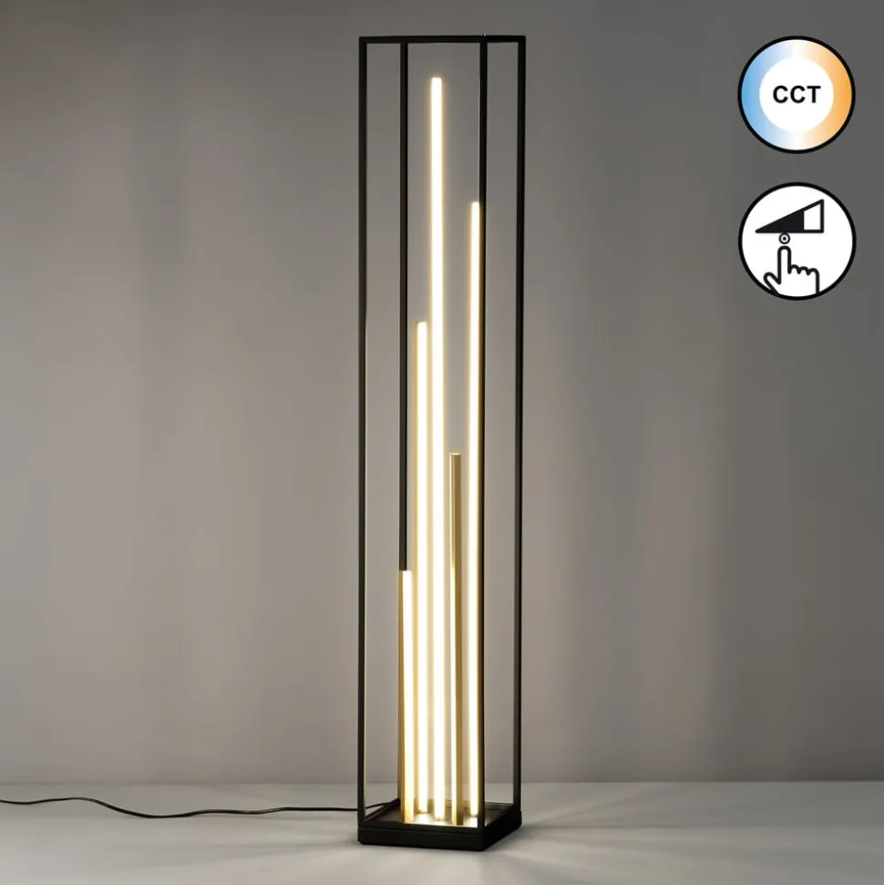 LED-gulvlampe Grid, sort/guld, metal, CCT, dæmpbar