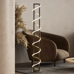 LED-gulvlampe Gwen, sort/guld, metal, CCT, dæmpbar