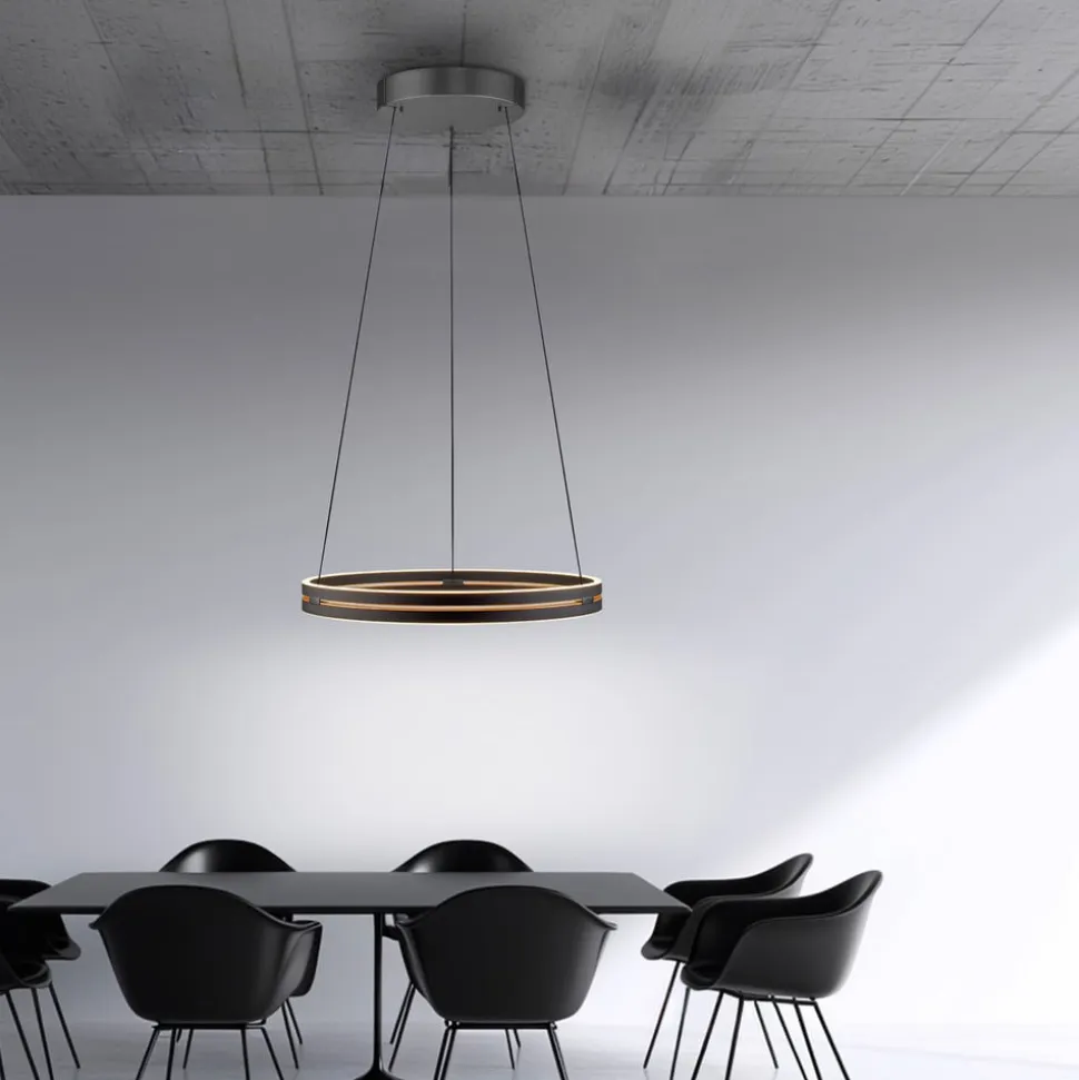 LED-hængelampe PURE E-Loop, eg/sort perle, Ø 70 cm aluminium, CCT