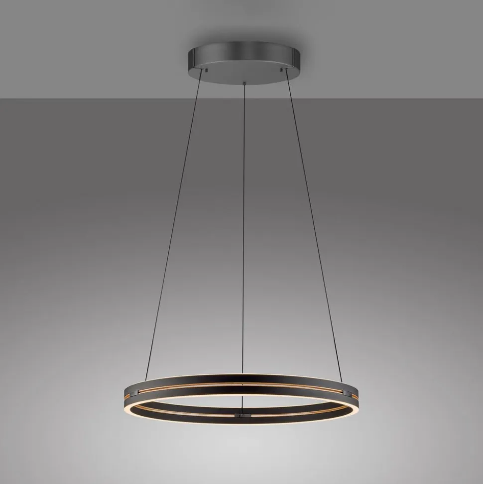 LED-hængelampe PURE E-Loop, eg/sort perle, Ø 70 cm aluminium, CCT
