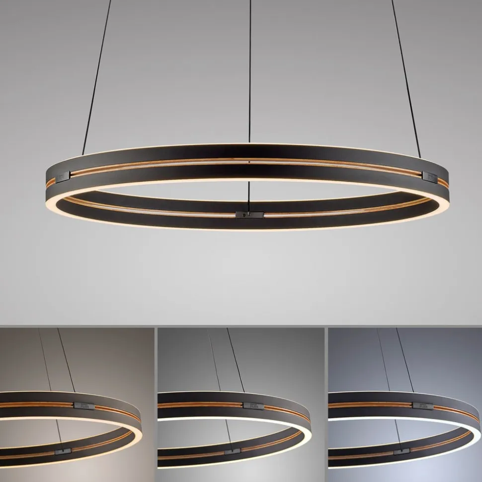 LED-hængelampe PURE E-Loop, eg/sort perle, Ø 70 cm aluminium, CCT
