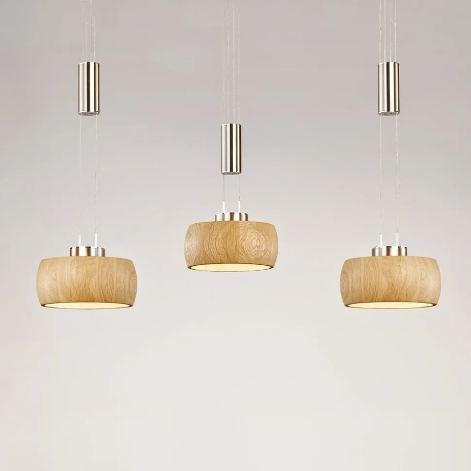 LED-hængelampe Shine-Wood, eg/nikkel, længde 100 cm 3 lyskilder.