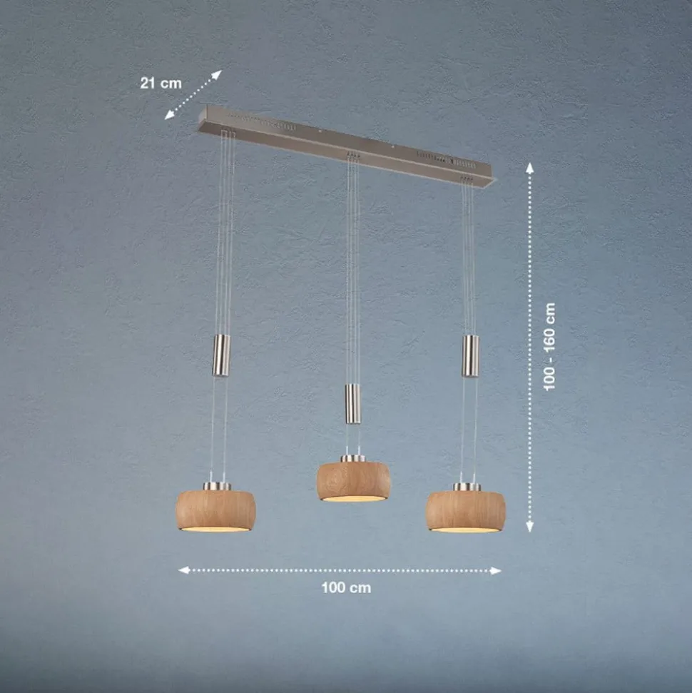 LED-hængelampe Shine-Wood, eg/nikkel, længde 100 cm 3 lyskilder.