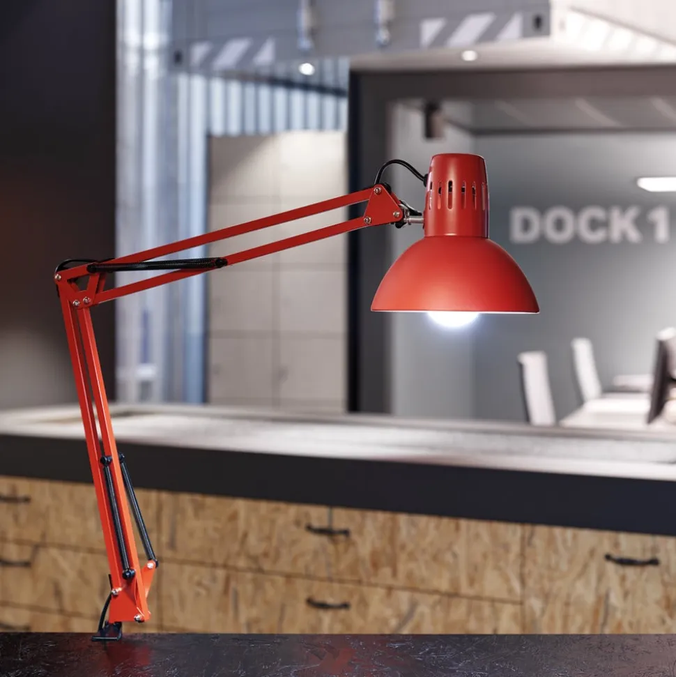 LED-klemmelampe MAULstudy, rød, stål, højde 44 cm, E27