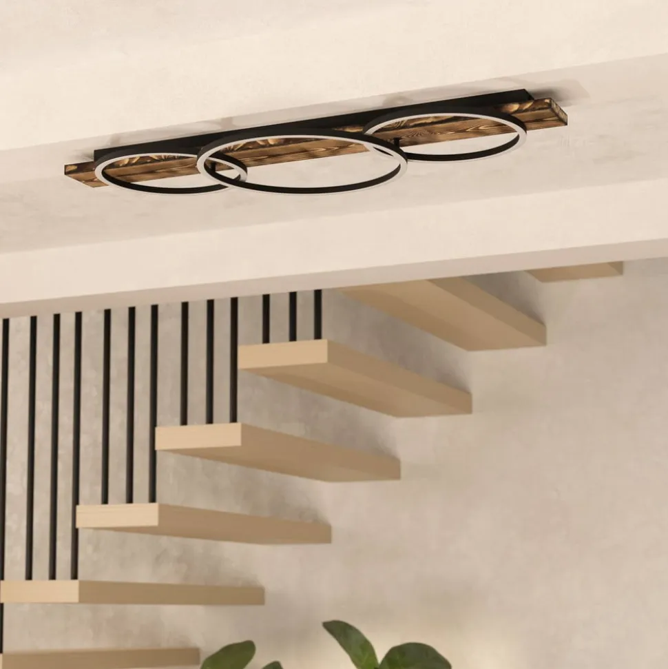 LED-loftlampe Boyal, sort, længde 101 cm, træ, 3 lyskilder.