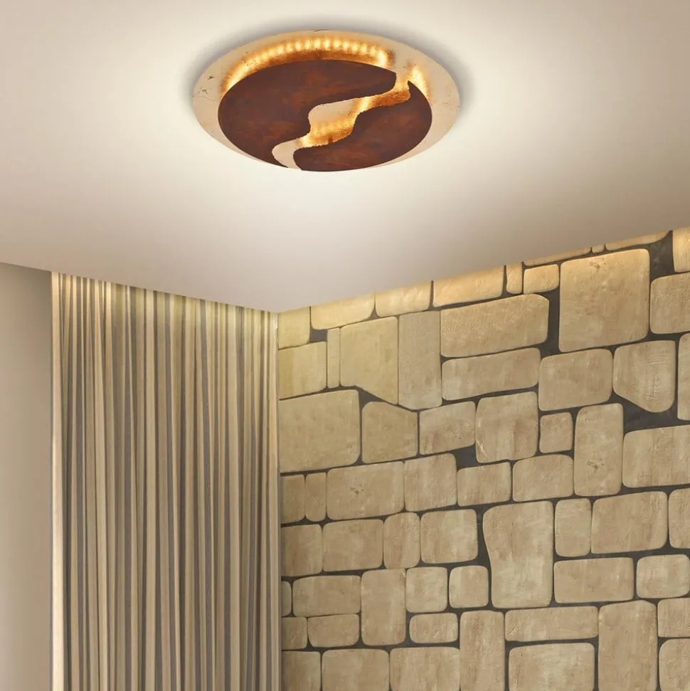 LED-loftlampe Nevis, rund, Ø 50 cm, brun-guld