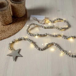 LED-lyskæder Beady, grå, træperler, 150 cm, batteri