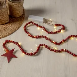 LED-lyskæder Beady, rød, træperler, 150 cm, batteri