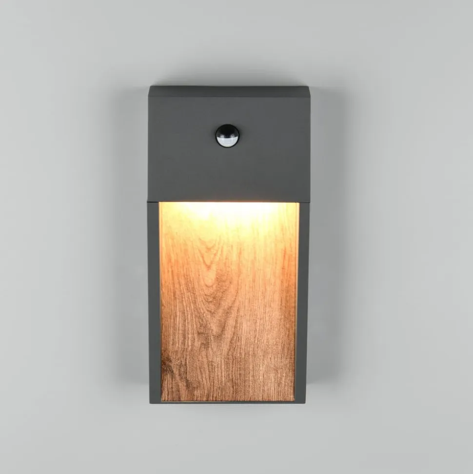 LED-sensor-udendørs LED-væglampe SALMON, trælook, højde 33 cm IP44