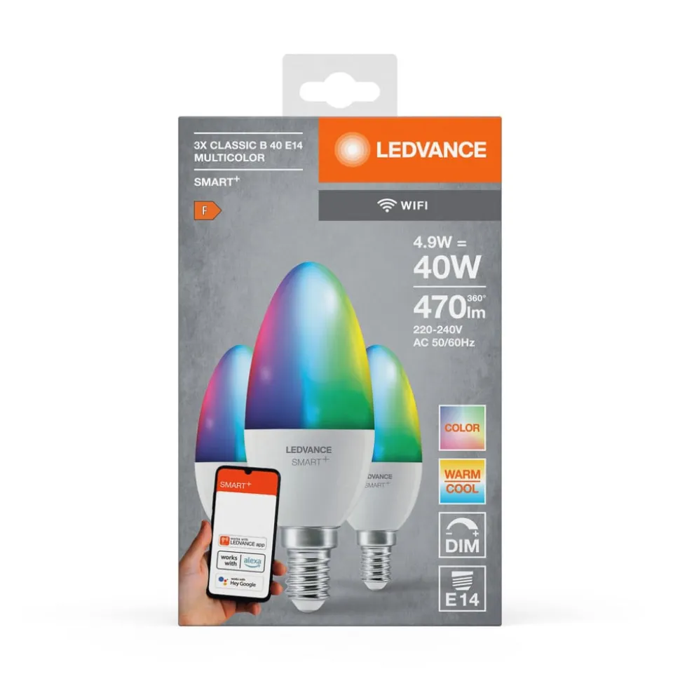 LEDVANCE SMART+ LED, stearinlys, E14, 4,9 W, CCT, RGB, WiFi, 3 enheder