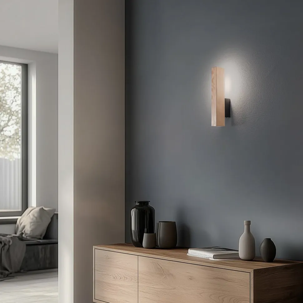 LED-væglampe i træ Teo, fyr, 31 cm, 3000 K