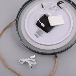 LED-vægspegel VIDRO, sort, Ø 40 cm, powerbank, hængende
