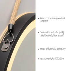LED-vægspegel VIDRO, sort, Ø 40 cm, powerbank, hængende