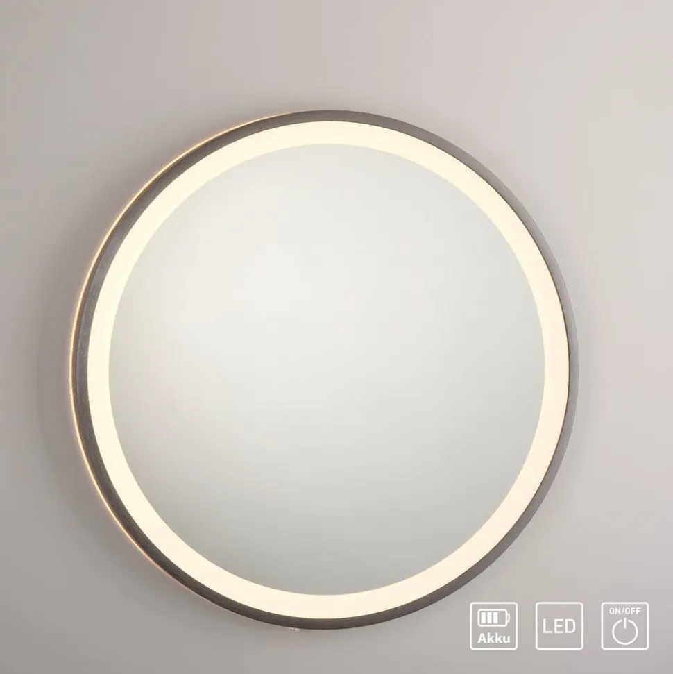 LED-vægspejl VIDRO, grå, Ø 46 cm, powerbank, afbryder