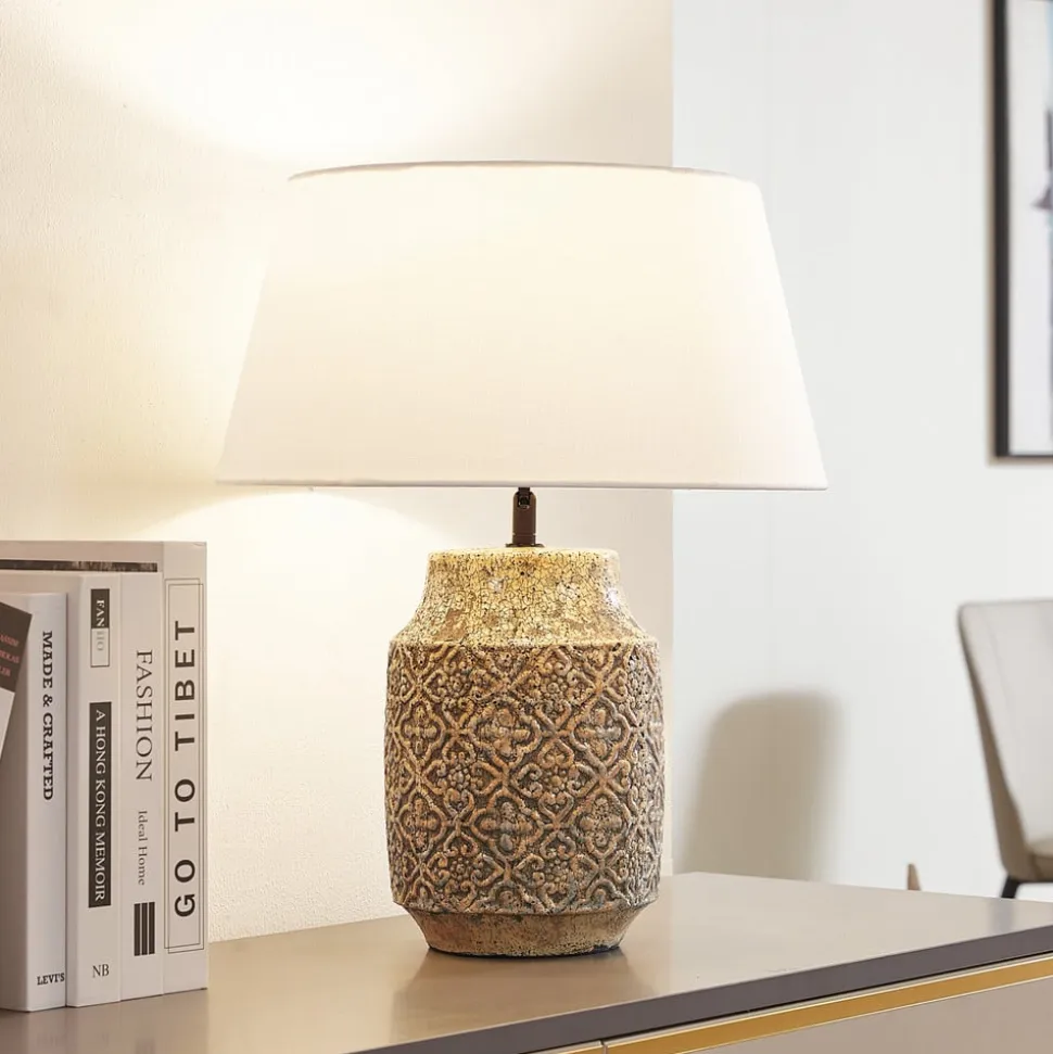 Lindby bordlampe Aelith, Ø 40 cm, brun, keramik, E27