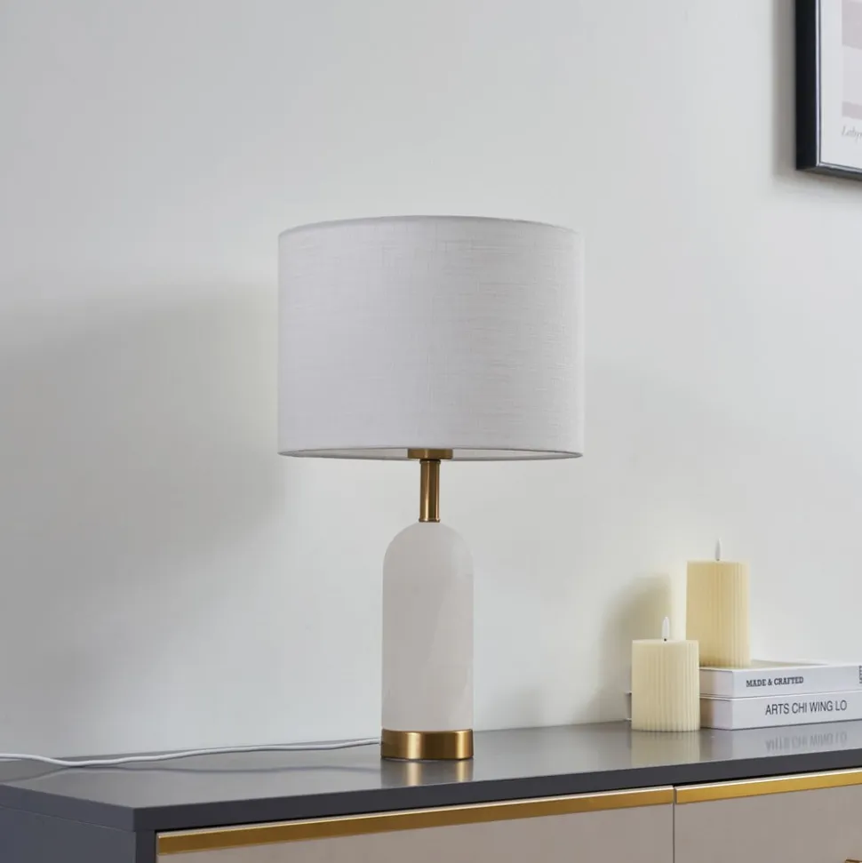 Lindby bordlampe alabast, hvid/guld, Ø 30 cm, marmor, E27