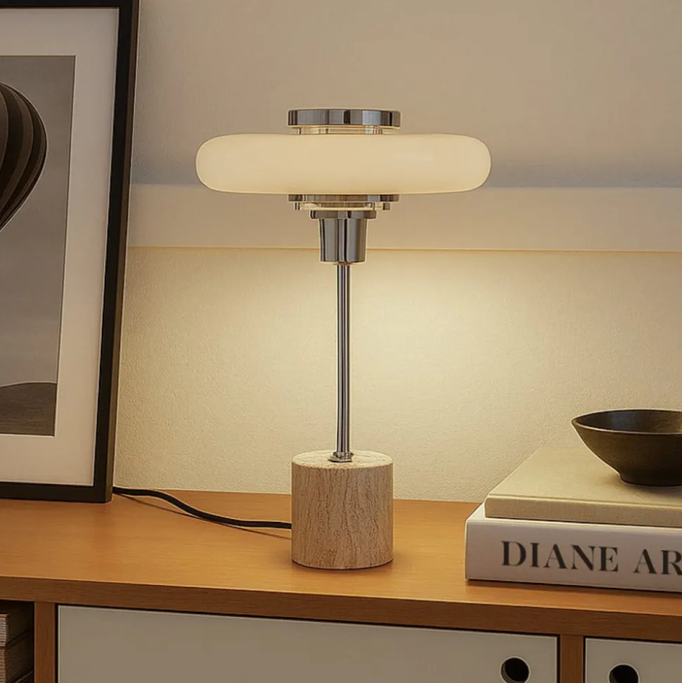 Lindby bordlampe Branford, retro, beige, metal/travertin