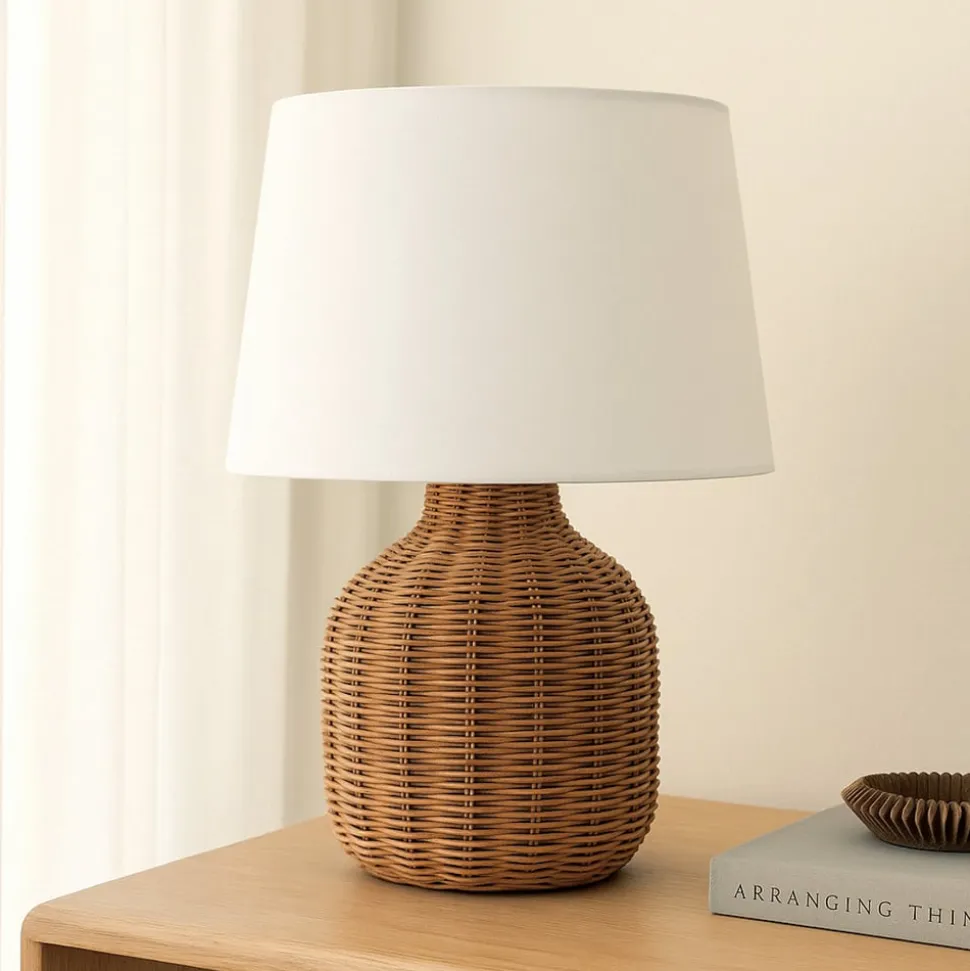 Lindby bordlampe Lirenda, højde 52 cm, rattan, natur/hvid