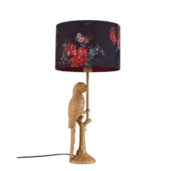 Lindby bordlampe Marula, guld, blomsterprint, tekstil, E27