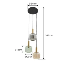 Lindby Doroteo hængelampe, 3 lyskilder, grøn/amber/grå, glas