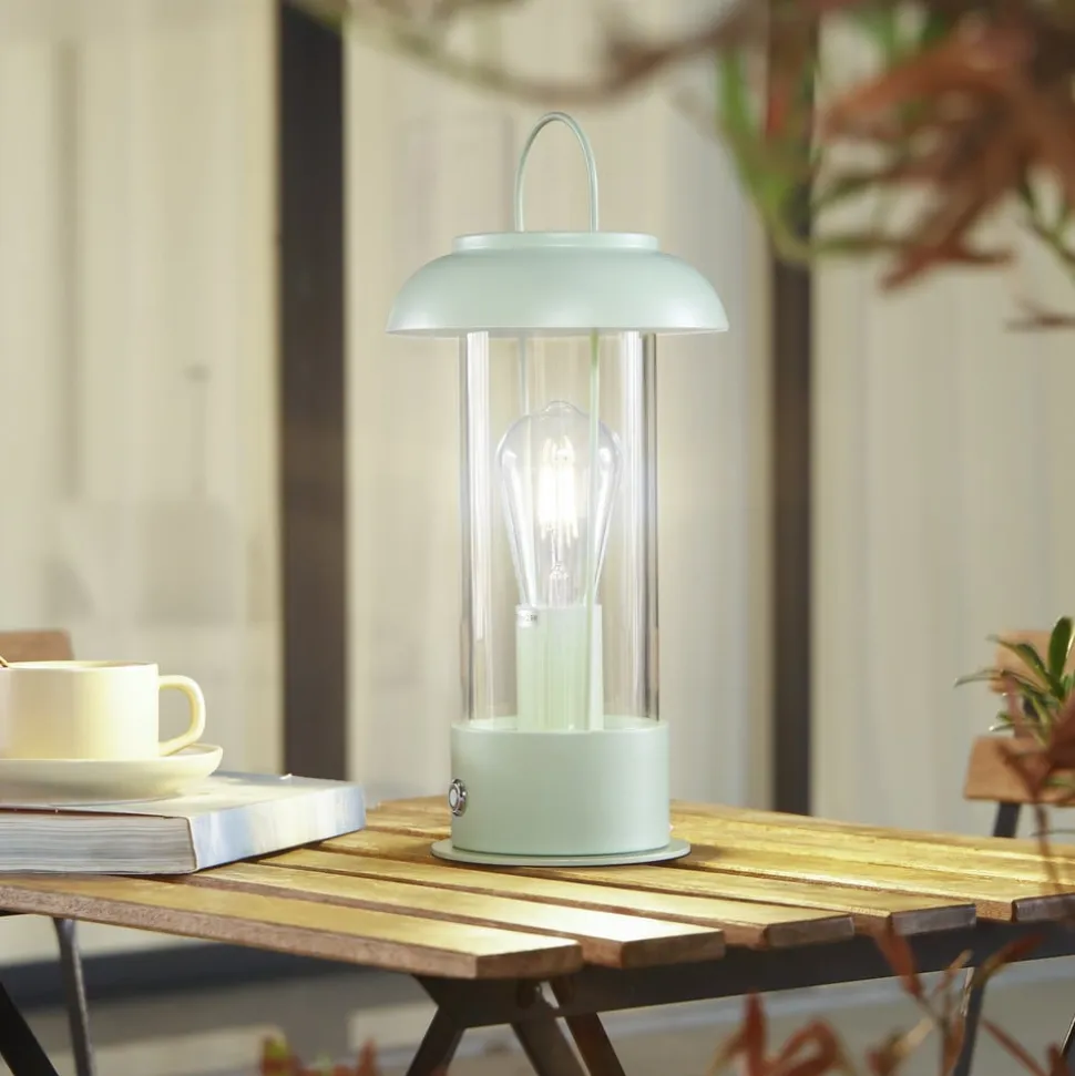 Lindby genopladelig bordlampe Yvette, grøn, IP44, touchdæmper