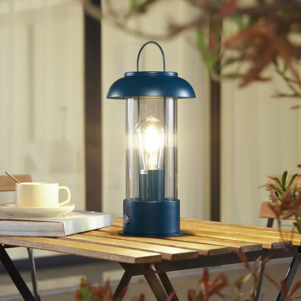 Lindby genopladelig bordlampe Yvette, blå, IP44, touchdæmper