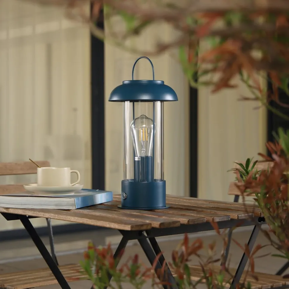 Lindby genopladelig bordlampe Yvette, blå, IP44, touchdæmper