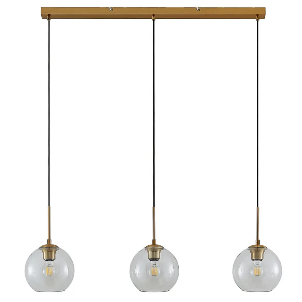 Lindby Grady hængelampe, messing/klar, 110 cm, metal, glas