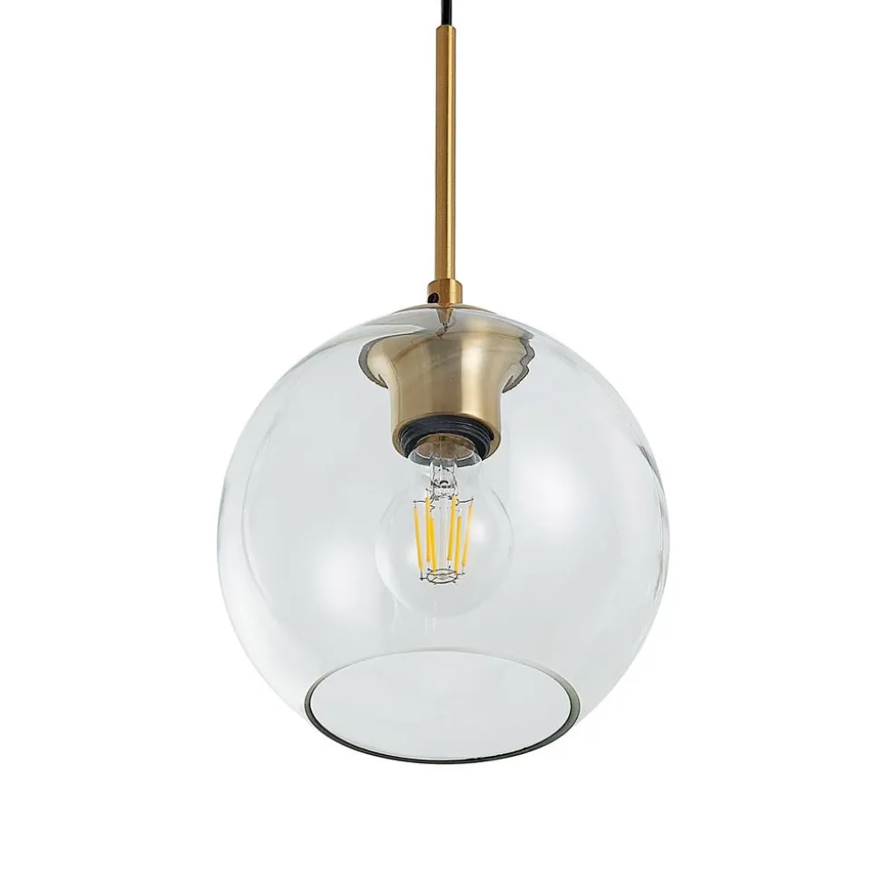 Lindby Grady hængelampe, messing/klar, 110 cm, metal, glas