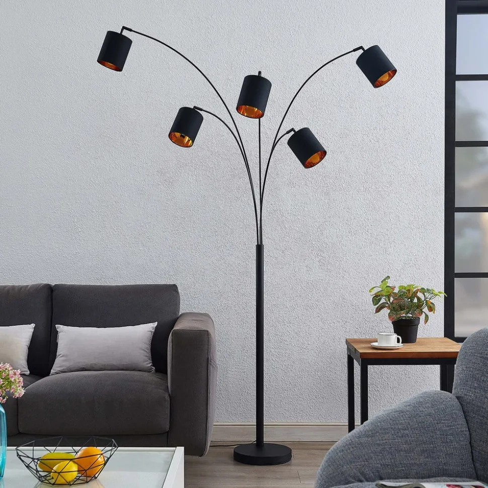 Lindby gulvlampe Abiram, sort/guld, tekstil, 70 cm