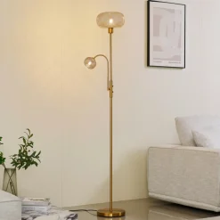 Lindby gulvlampe Aliette, guld/amber, glas, læselampe